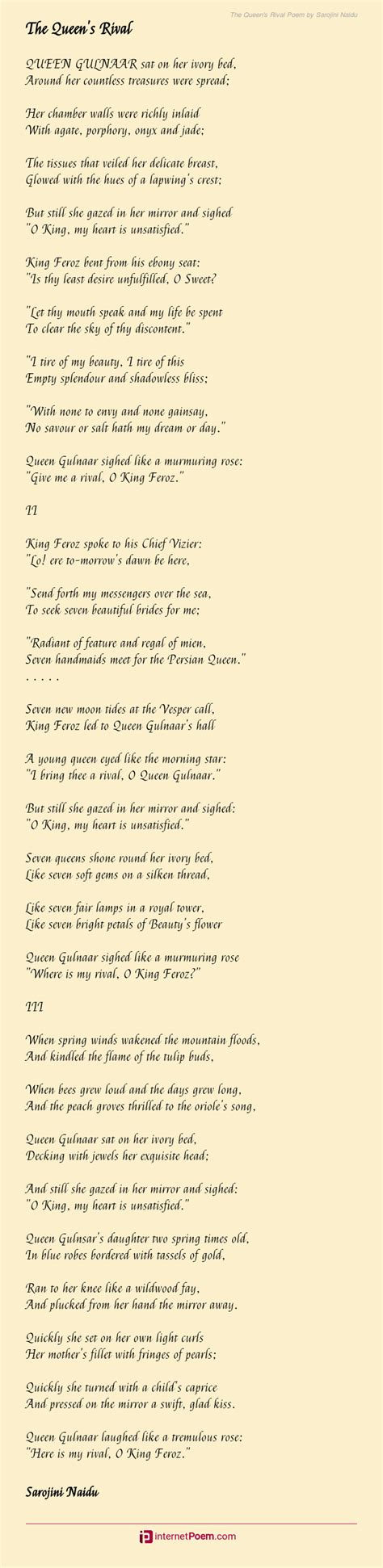 queen's rival poem summary|The Queen's Rival by Sarojini Naidu – EnglishLiterature.Net.